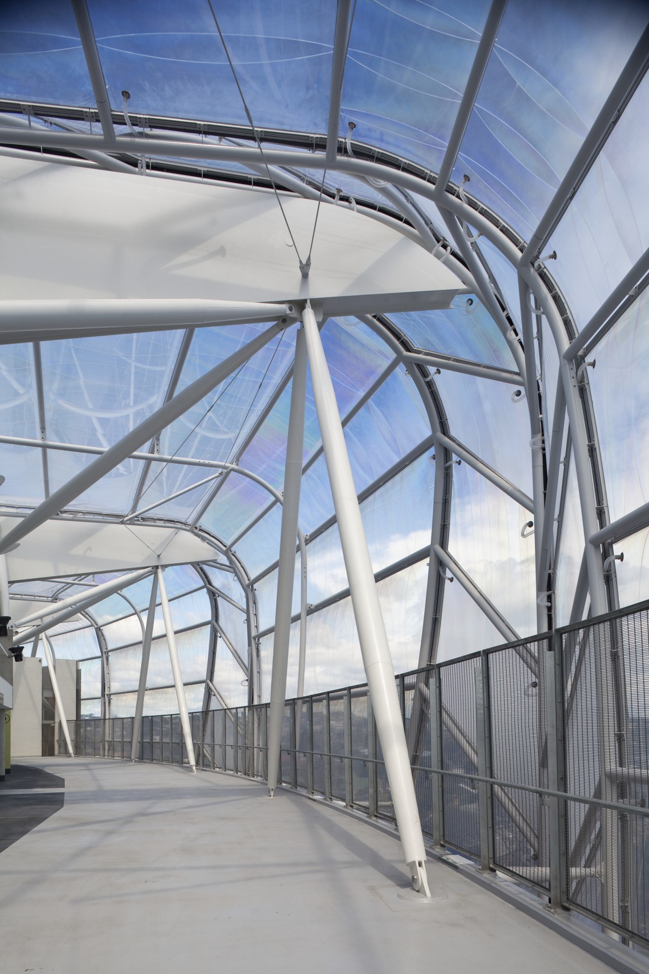 View of the cantilevered roof of the South architecture, building, daylighting, roof, sky, steel, structure, gray