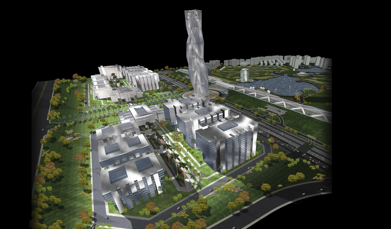 Conceptual image of SKill City in Bangalore designed aerial photography, architecture, bird's eye view, metropolis, mixed use, suburb, urban design, black