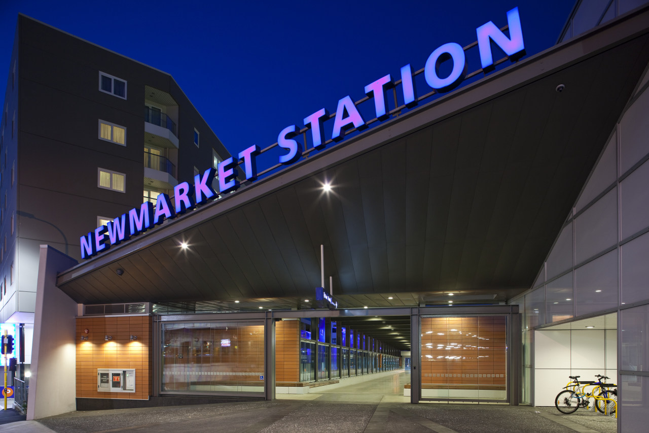 View of the upgraded New Market train station. architecture, building, facade, night, structure, black