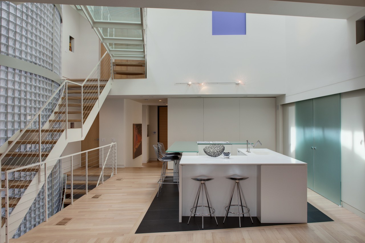 View of contemporary home within a 3-storey atrium apartment, architecture, ceiling, daylighting, house, interior design, loft, property, real estate, gray