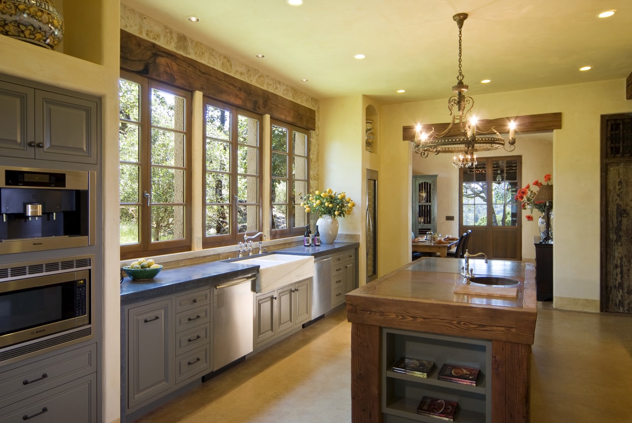 View of kitchen with old-style hearth, clay tile cabinetry, countertop, cuisine classique, interior design, kitchen, real estate, room, brown, orange