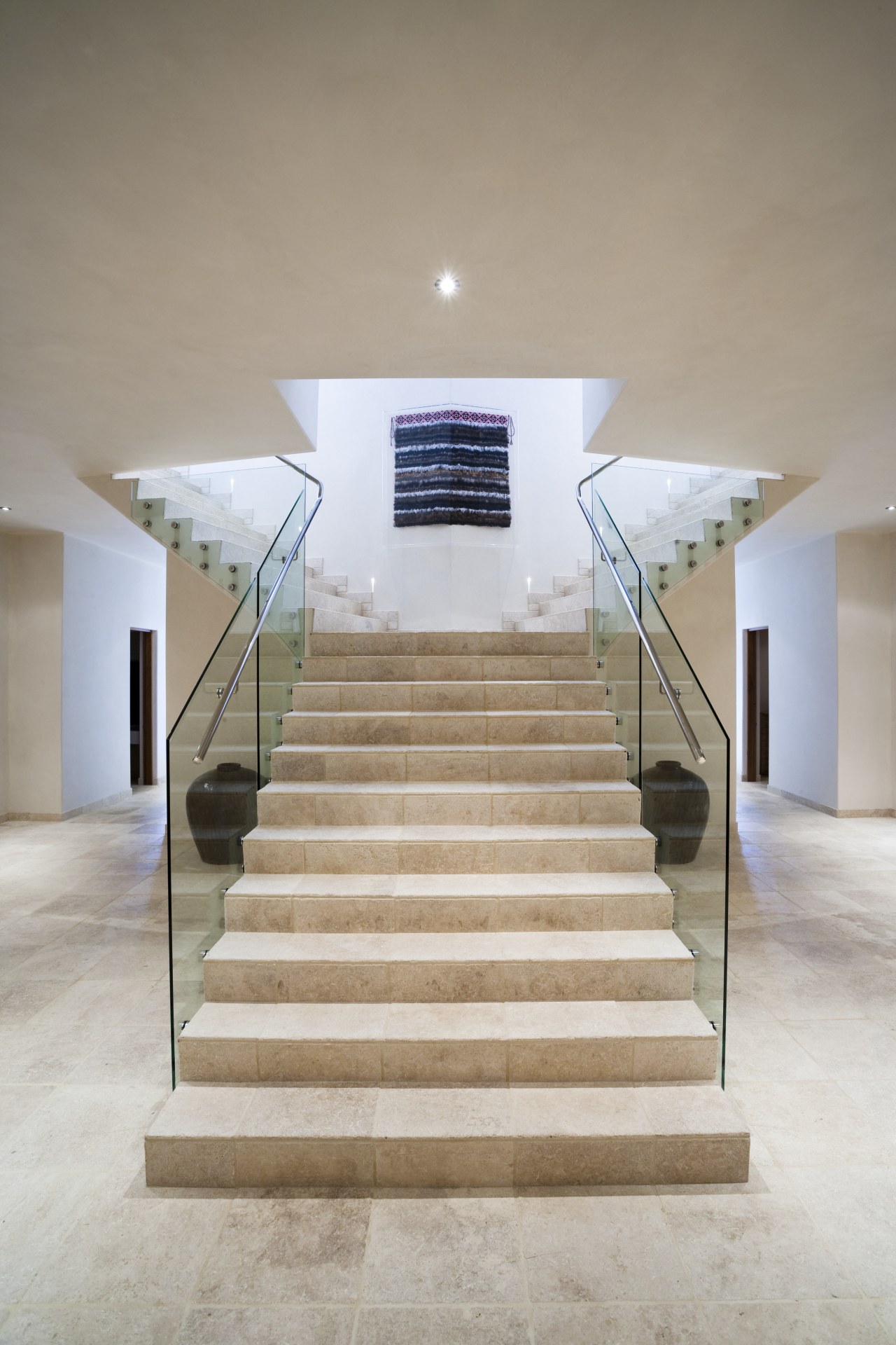 Interior view of stairway at Mediterranean styled home architecture, ceiling, daylighting, floor, flooring, handrail, home, house, interior design, stairs, structure, gray