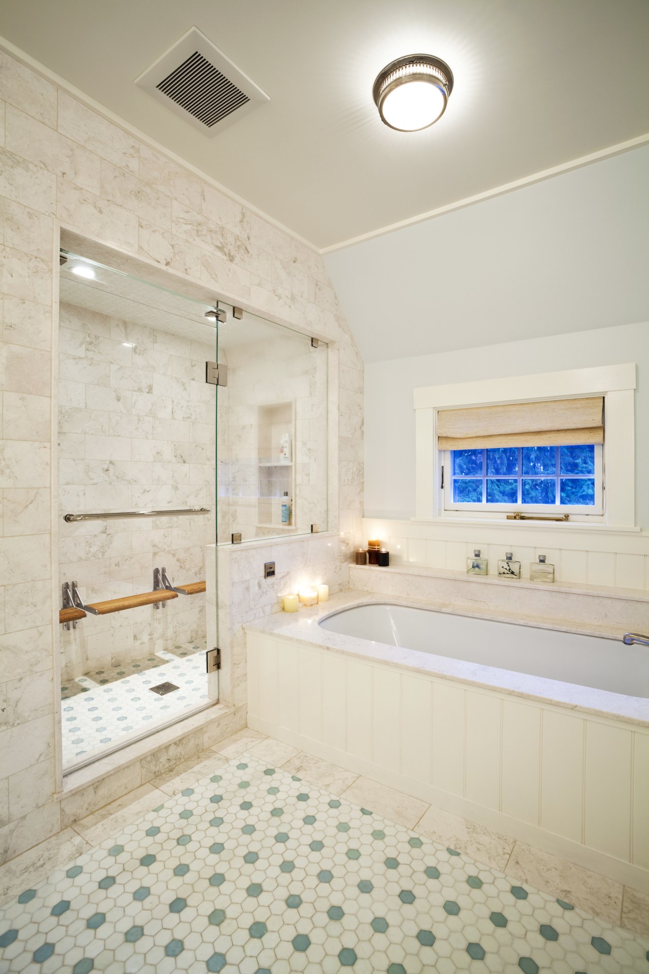 View of the bathroom with tiled floors, a bathroom, ceiling, daylighting, estate, floor, flooring, home, interior design, real estate, room, tile, gray