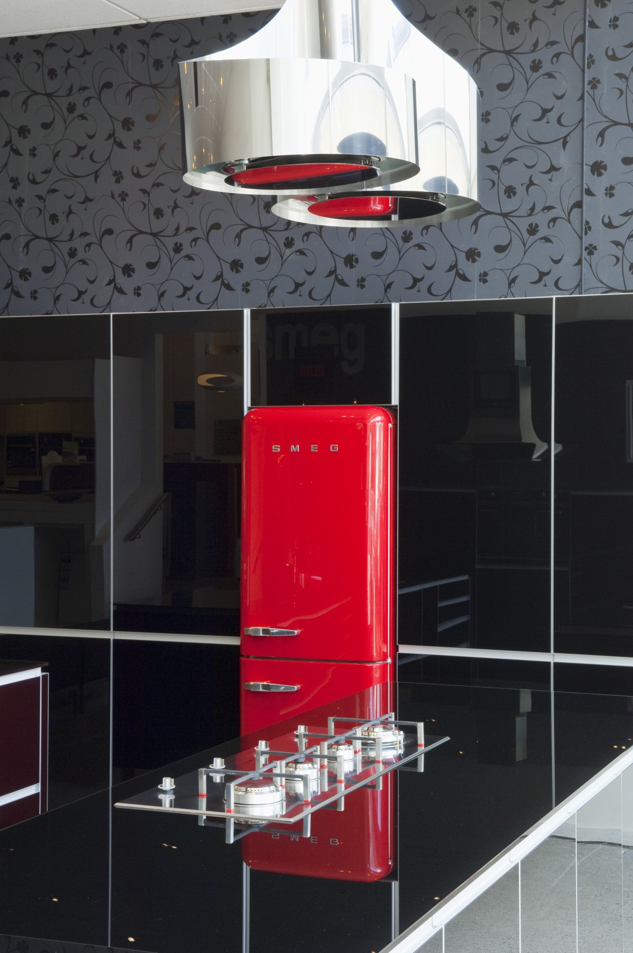 View of kitchen which features a Smeg 50s interior design, product design, red, black