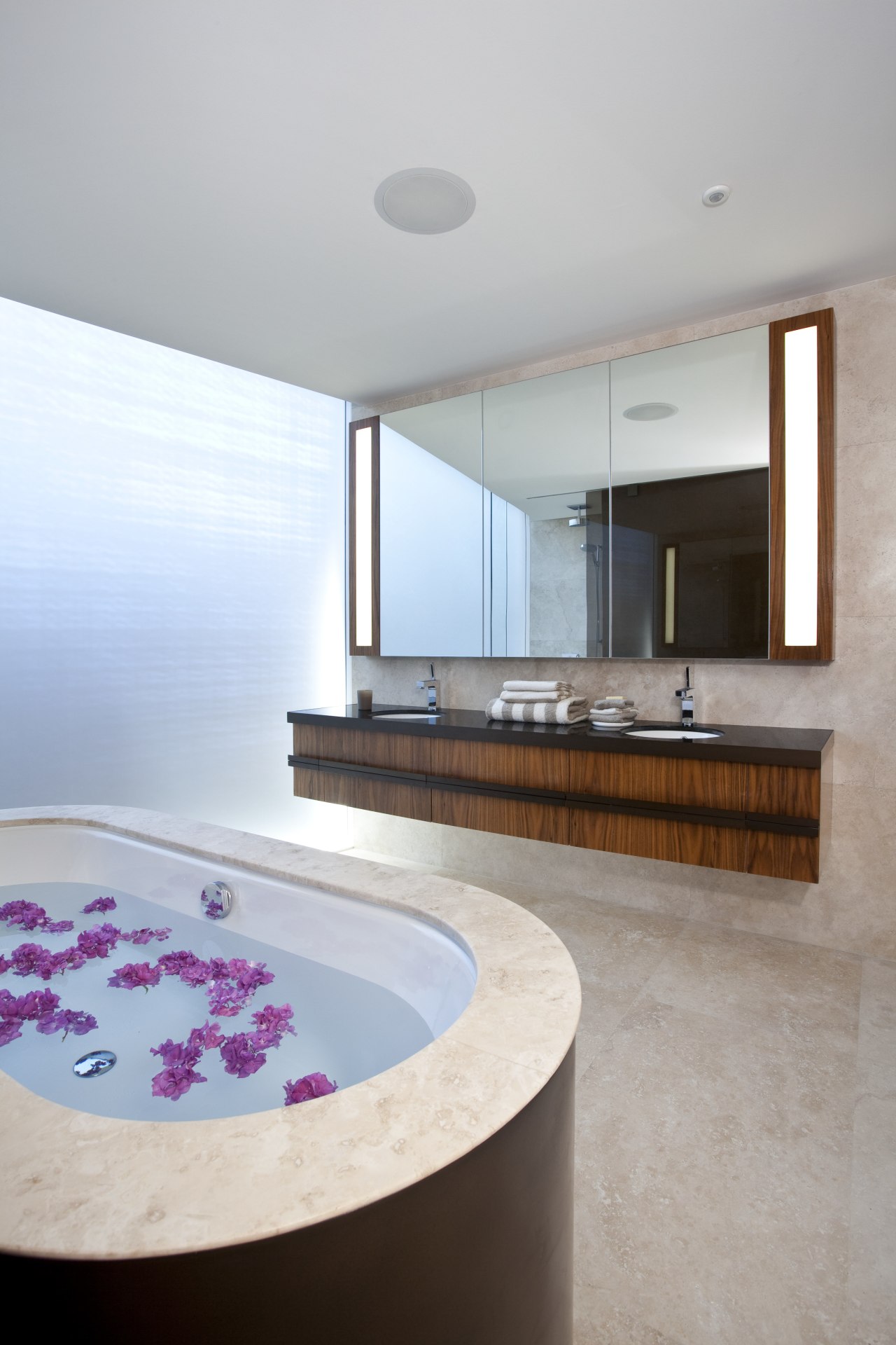 View of bathroom with freestanding tub in a architecture, bathroom, bathtub, estate, floor, house, interior design, real estate, room, suite, gray