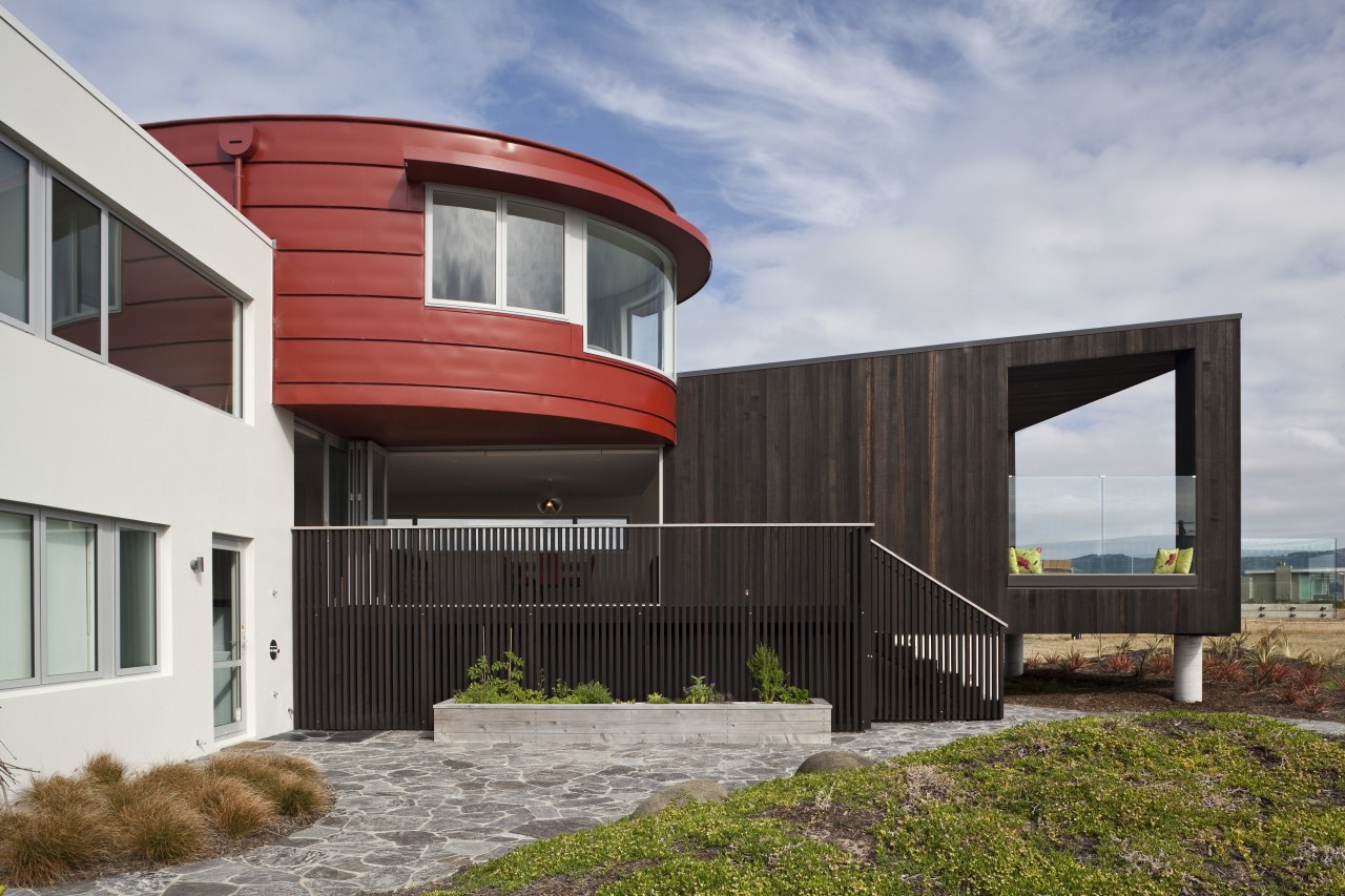 View of red, black and white beach house architecture, building, elevation, facade, home, house, real estate, gray