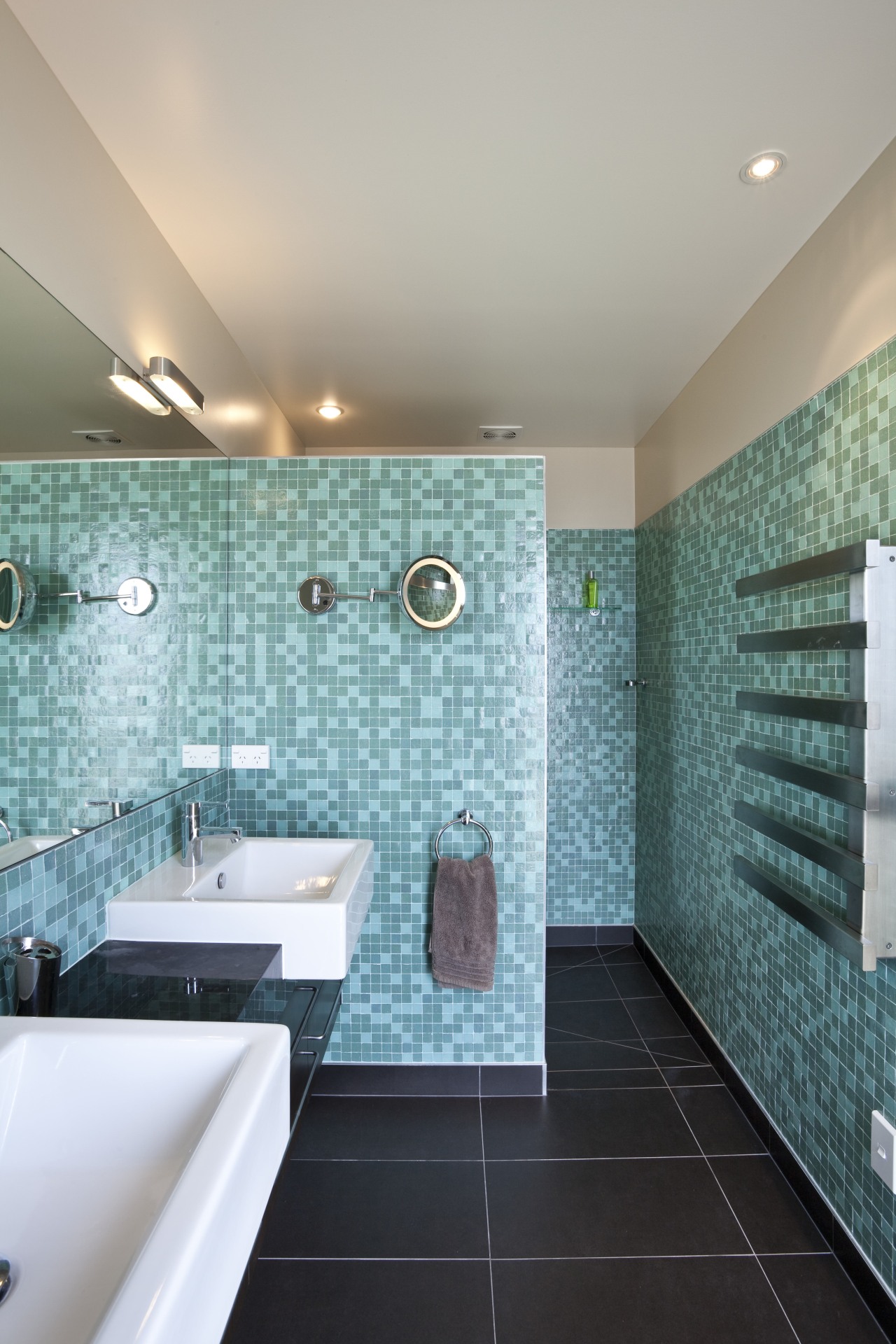 View of red, black and white beach house architecture, bathroom, ceiling, daylighting, floor, flooring, home, interior design, property, real estate, room, tile, wall, gray, teal