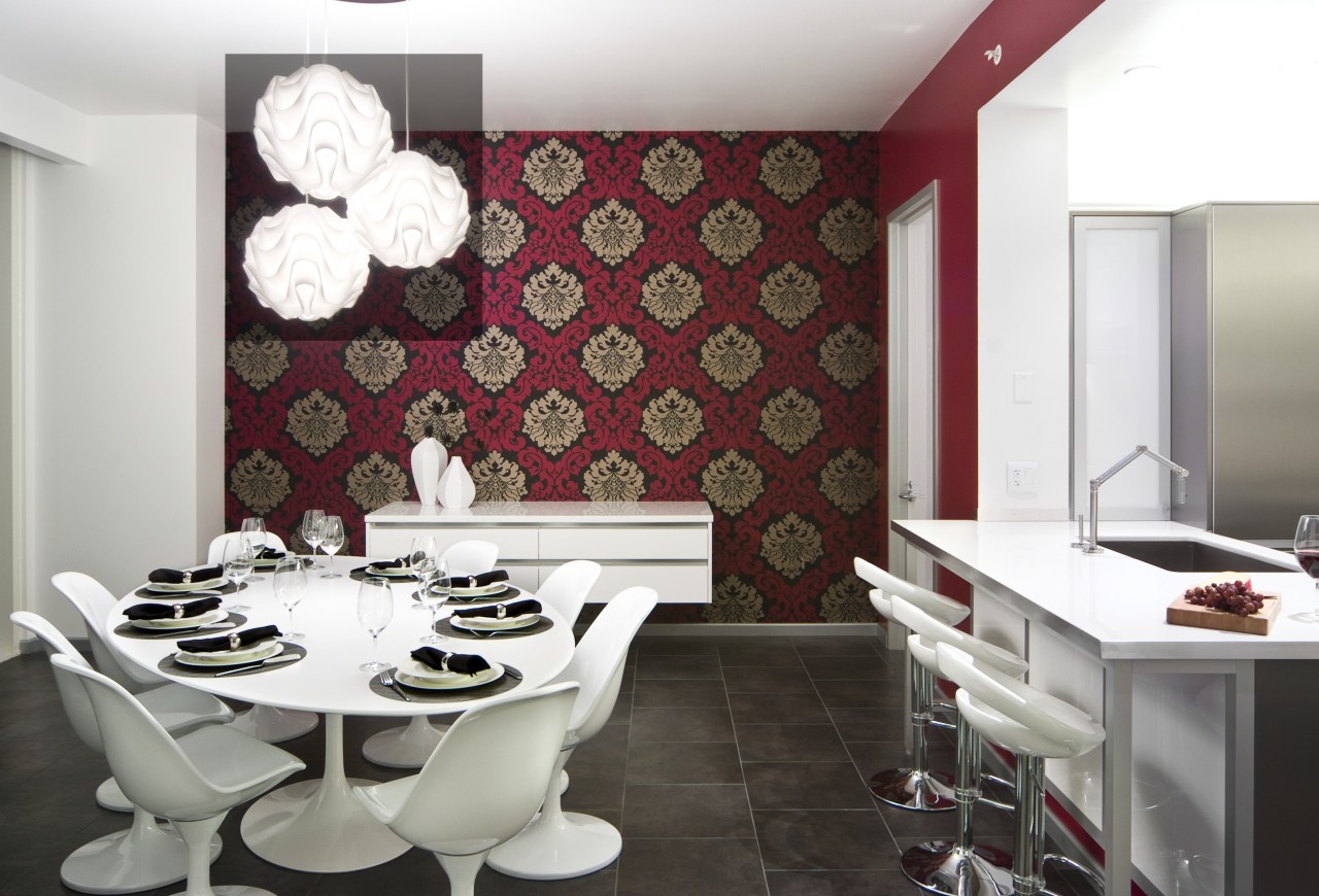 View of apartment dining area designed by Design dining room, flooring, interior design, room, table, wall, wallpaper, white