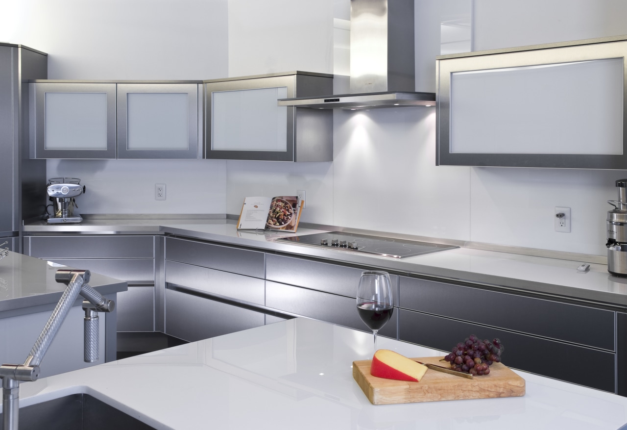 Kitchen metal white countertop, cuisine classique, interior design, kitchen, product design, gray