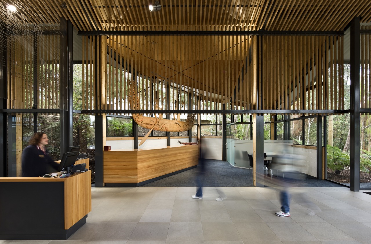 View of steel structured, slatted wood and glass architecture, house, interior design, lobby, brown, gray