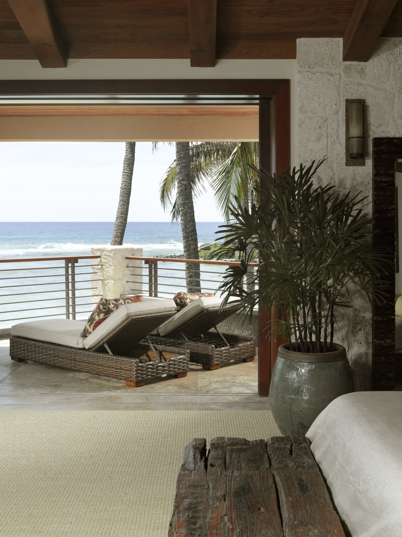 View of vacation home with wooden ceilings and architecture, chair, floor, furniture, home, house, interior design, living room, outdoor furniture, table, window, wood, gray, brown