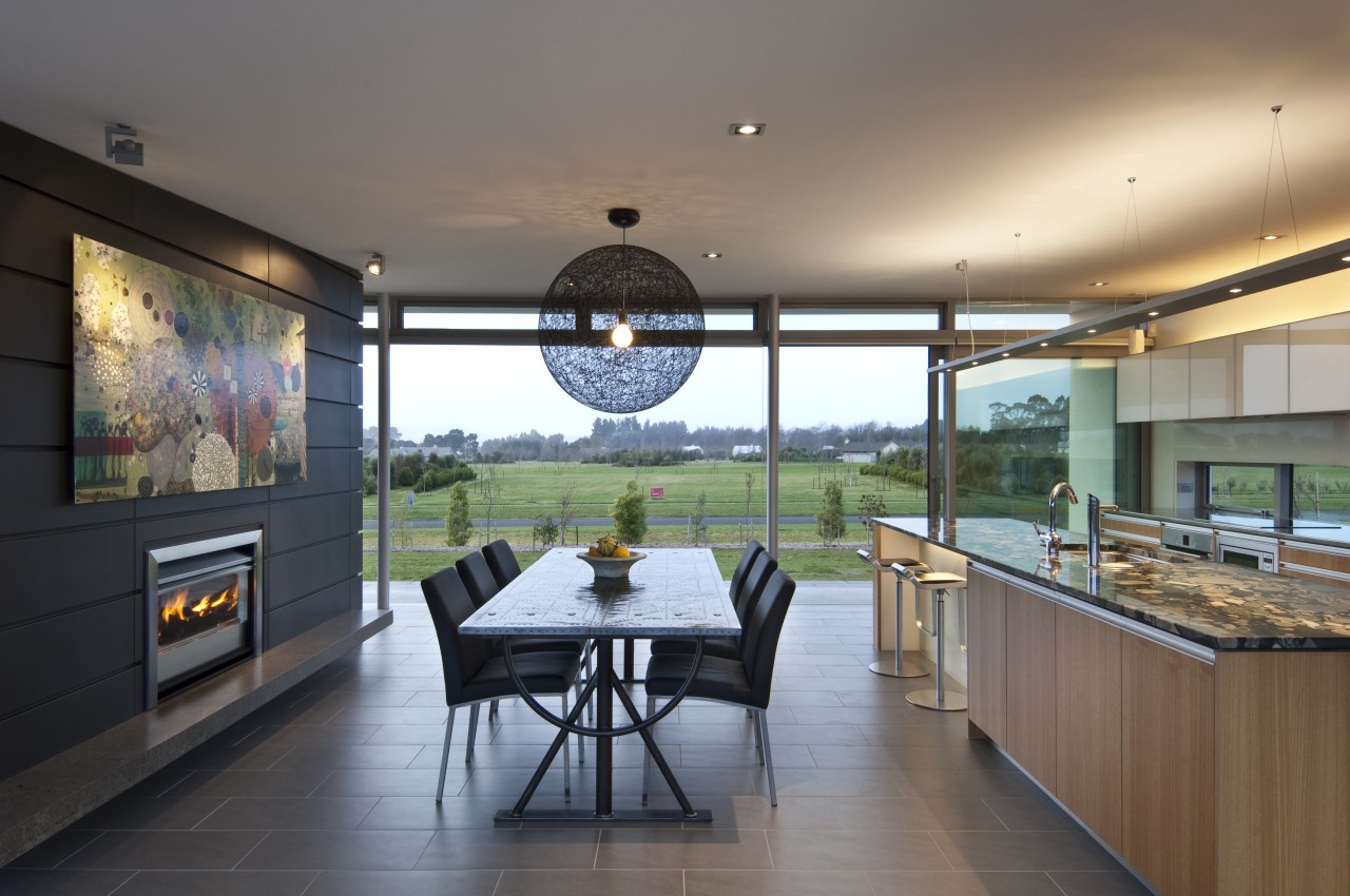 Kitchen in contemporary bach with terrace, sheltered courtyard architecture, house, interior design, real estate, window, gray