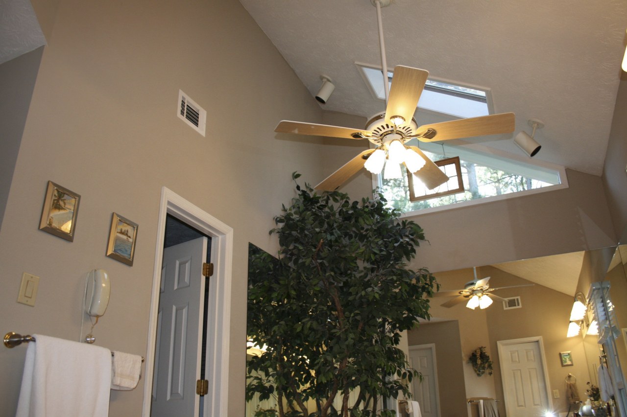 View of modernized bathroom with mosaic design tub ceiling, ceiling fan, daylighting, estate, home, house, interior design, light fixture, lighting, living room, mechanical fan, property, real estate, room, window, brown