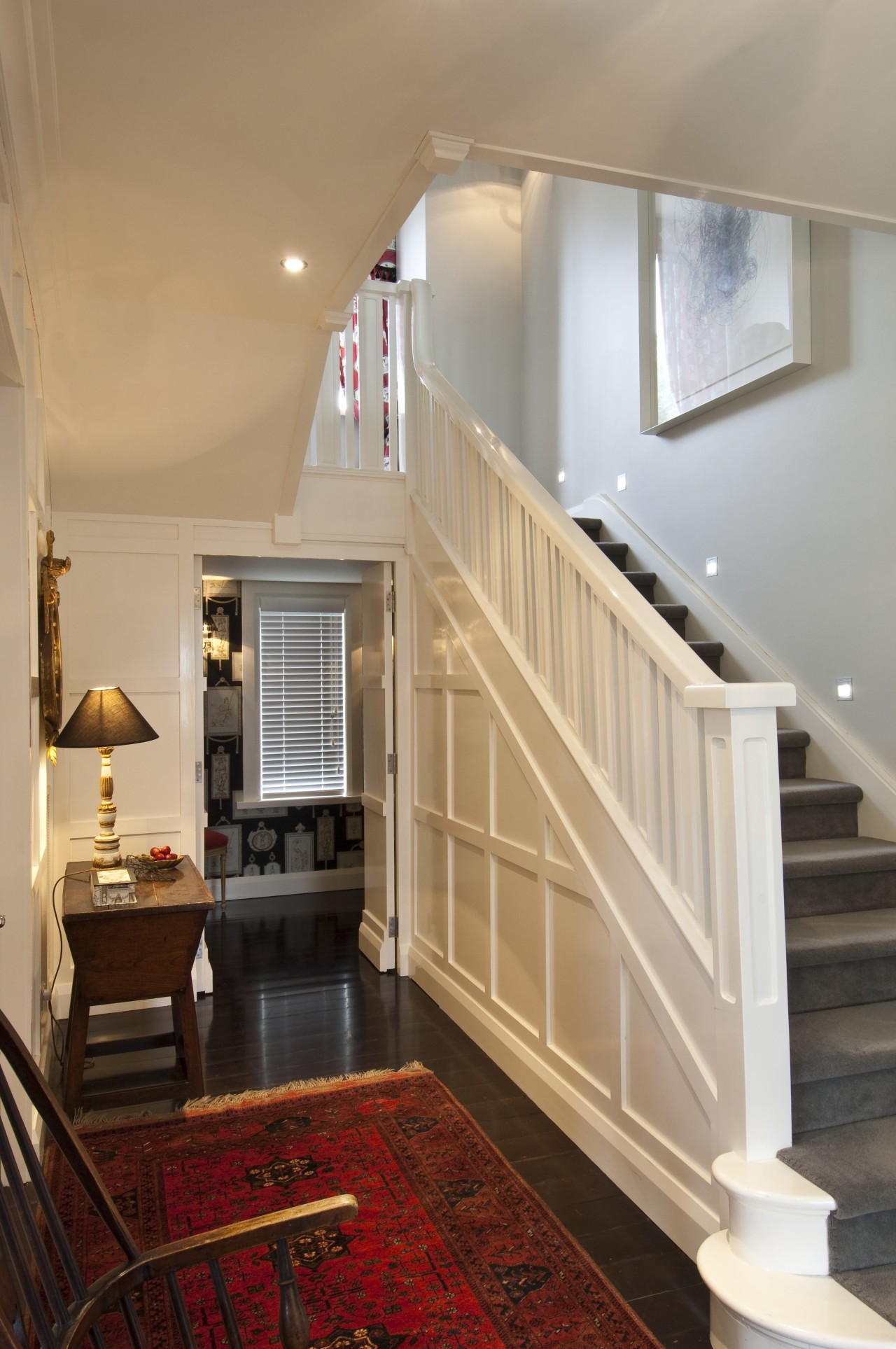 Interior view of traditional style home with white ceiling, daylighting, floor, flooring, handrail, hardwood, home, interior design, living room, real estate, room, stairs, wall, window, wood, wood flooring, orange, gray