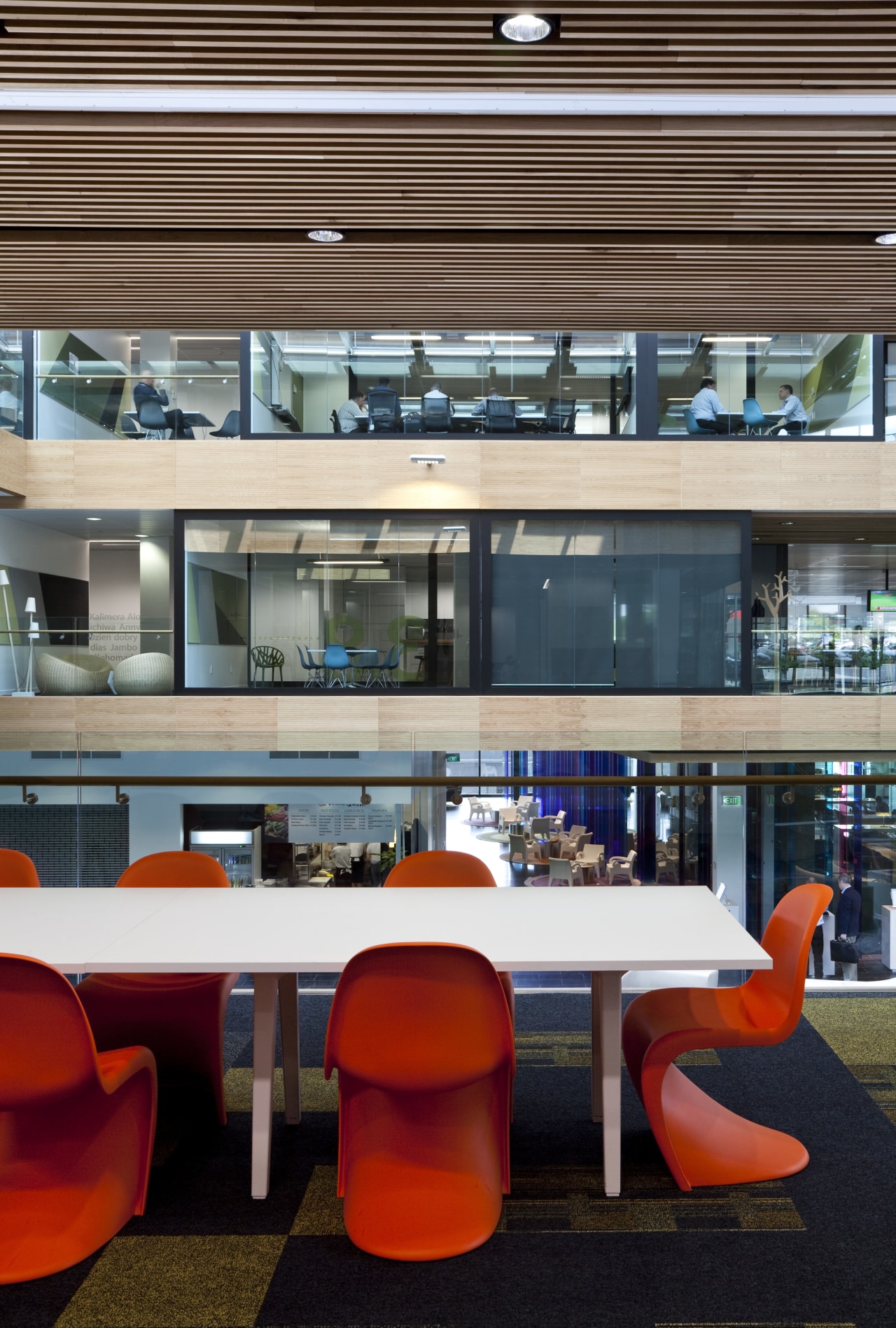 Interior view of the new Telecom head office architecture, furniture, interior design, office, table, gray