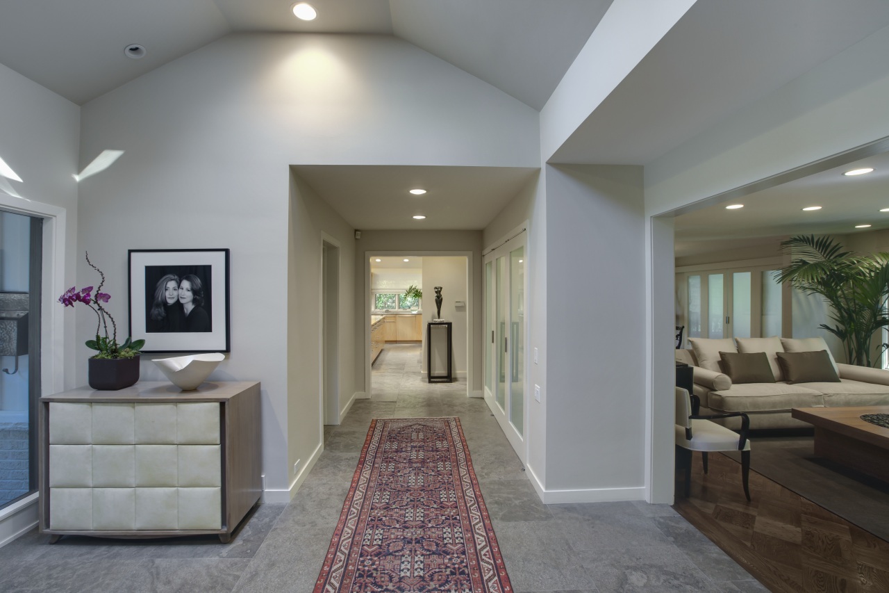View of hallway with white walls and red ceiling, estate, floor, flooring, home, interior design, living room, real estate, room, gray