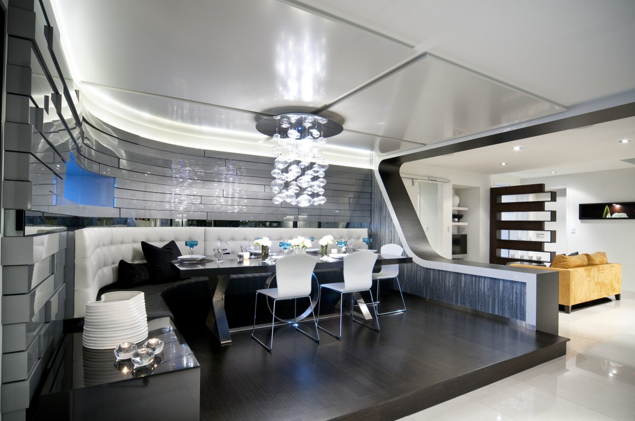 View of DJ Hewitt house built on a ceiling, interior design, product design, yacht, gray, black