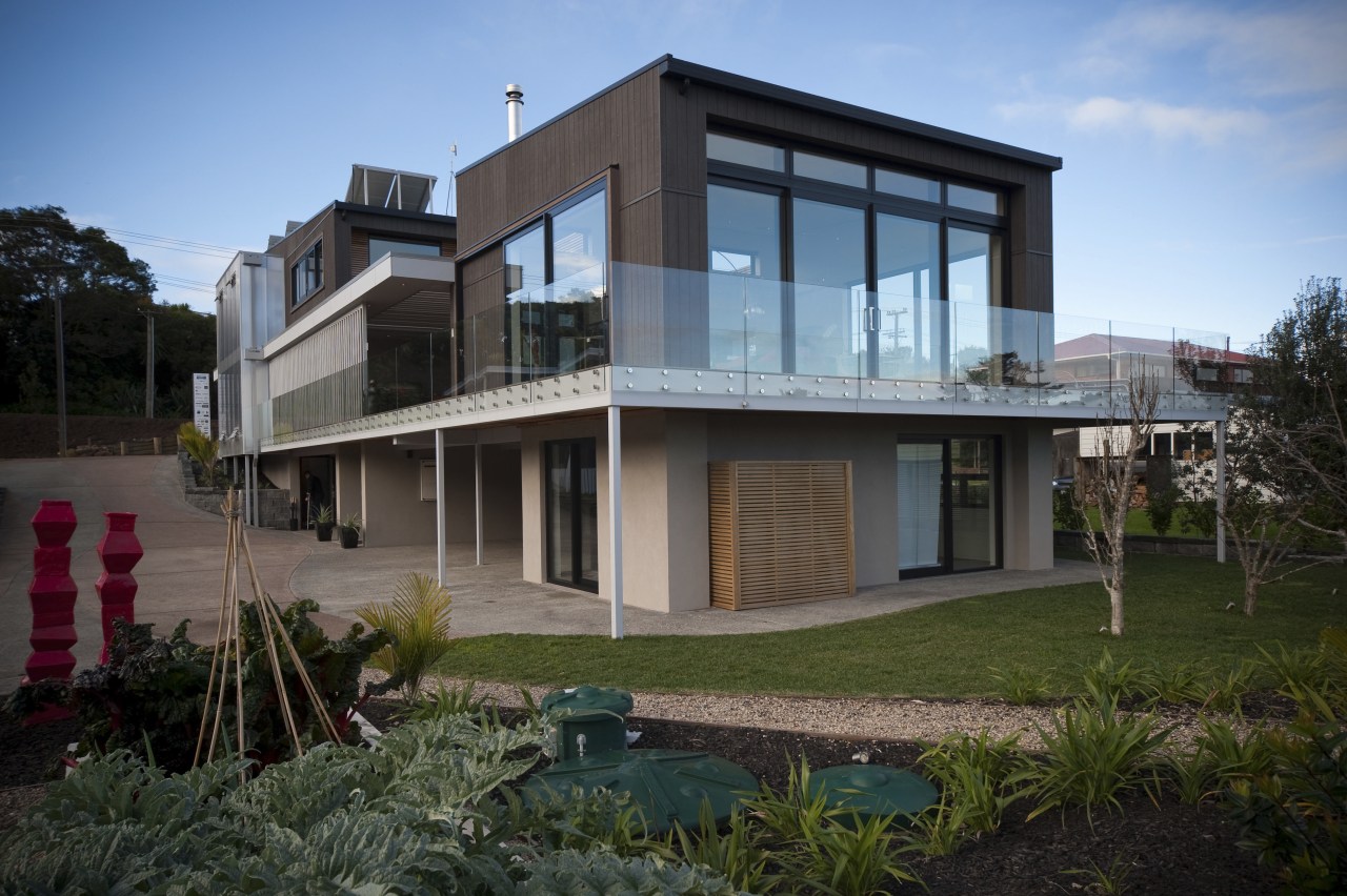 View of wastewater system at Lite-House. apartment, architecture, building, elevation, estate, facade, home, house, property, real estate, residential area, window, black, teal