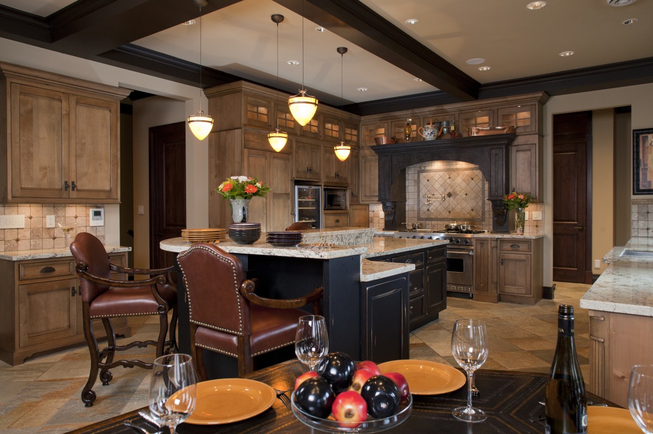 View of kitchen with aged look, featuring internally countertop, interior design, kitchen, room, brown