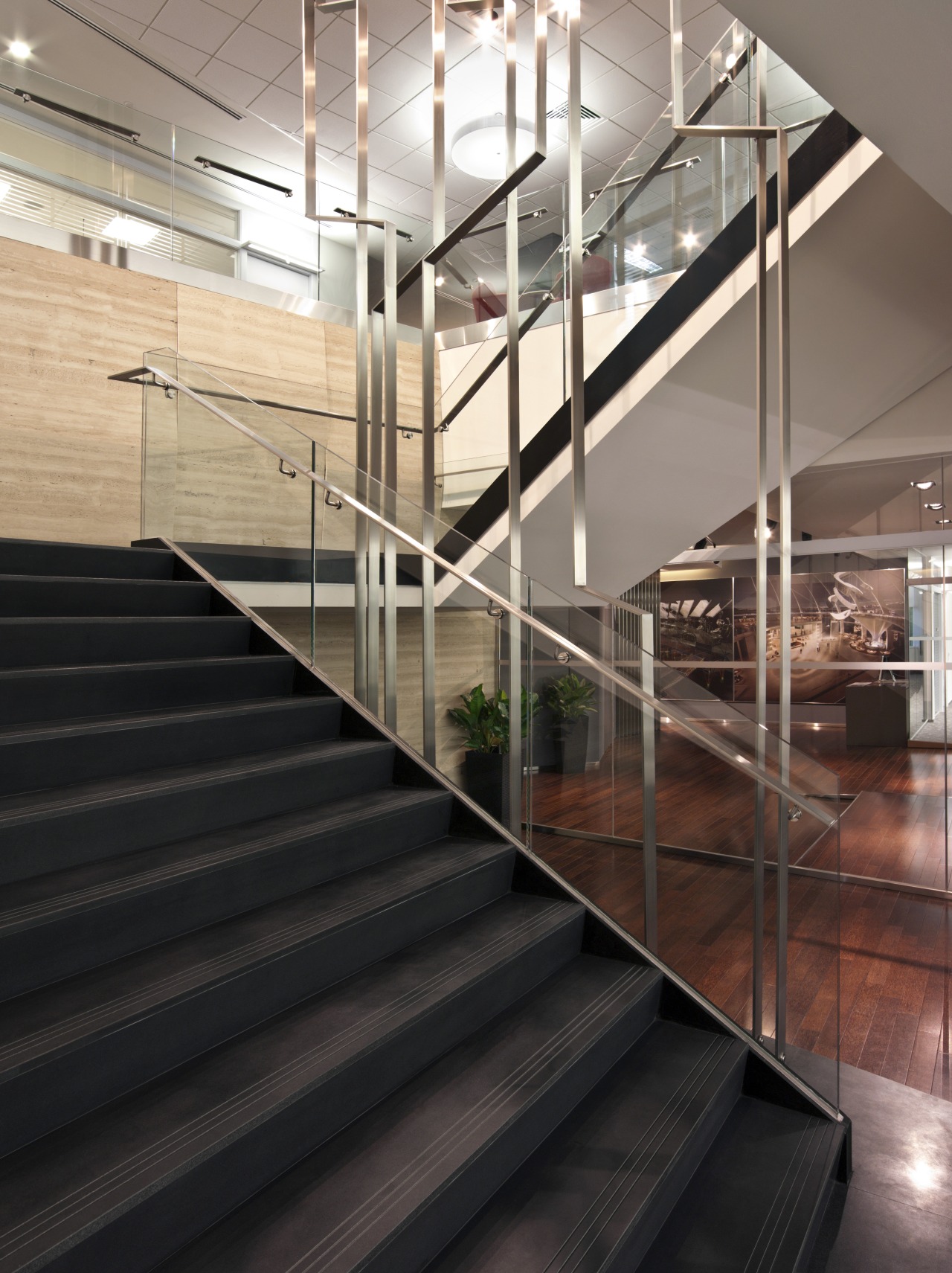 View of the Solaris building with AutoDesk fit-out, architecture, building, daylighting, floor, flooring, glass, handrail, interior design, lobby, stairs, wood, black