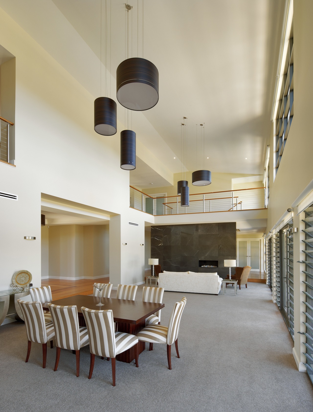 View of contemporary home with outdoor seating area architecture, ceiling, daylighting, interior design, living room, real estate, table, gray