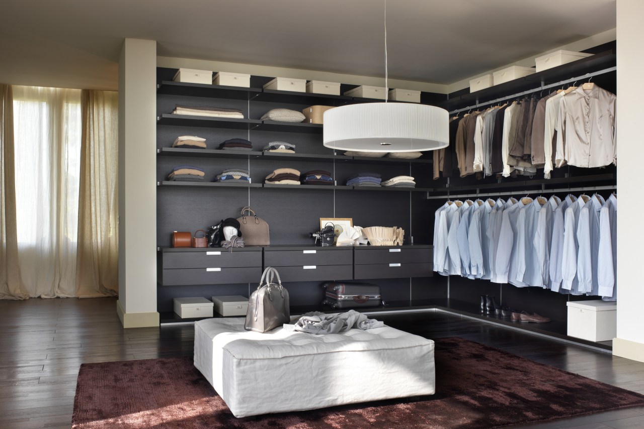 View of wardrobe and storage. furniture, interior design, living room, room, gray, black