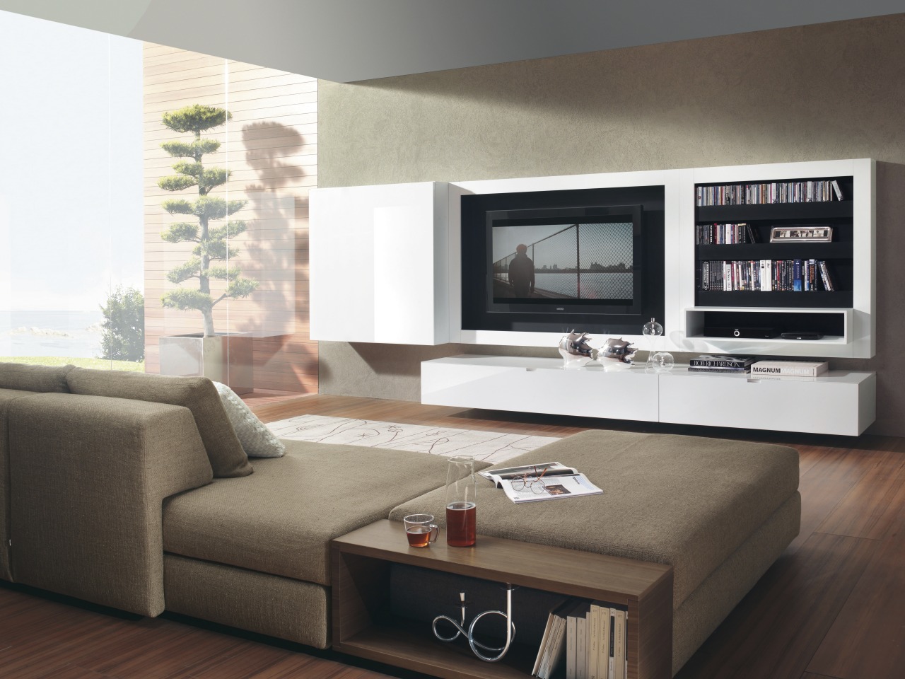 View of contemporary lounge with white media cabinet. coffee table, couch, furniture, interior design, living room, room, table, white, black