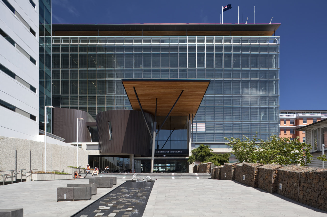 View of the Christchurch City Council building, built architecture, building, commercial building, corporate headquarters, facade, headquarters, mixed use, white, black