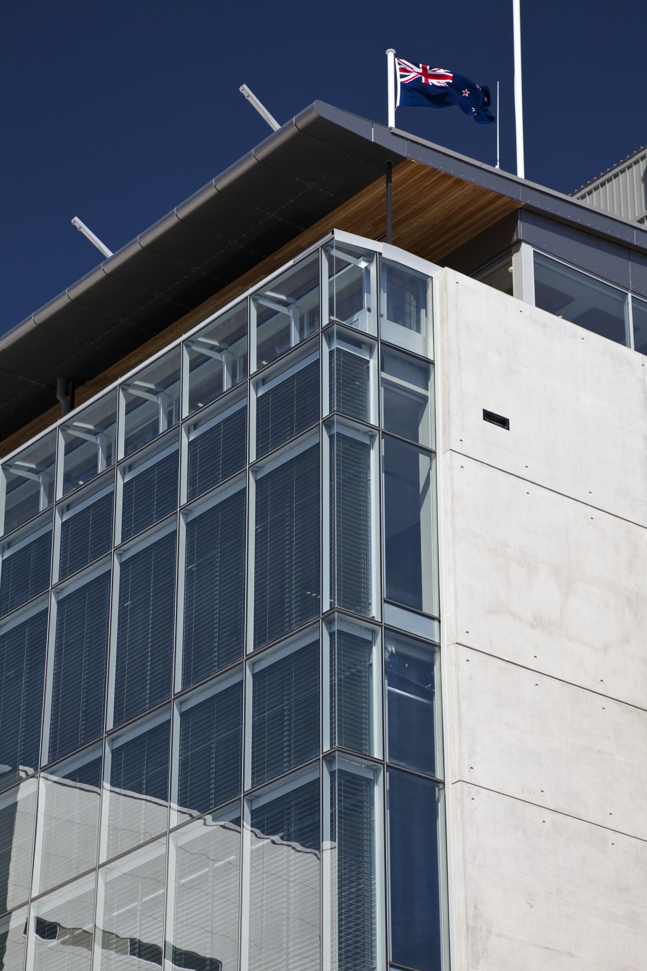 View of glazed double-skin curtain wall system at architecture, building, commercial building, daylighting, facade, metropolitan area, sky, window, blue