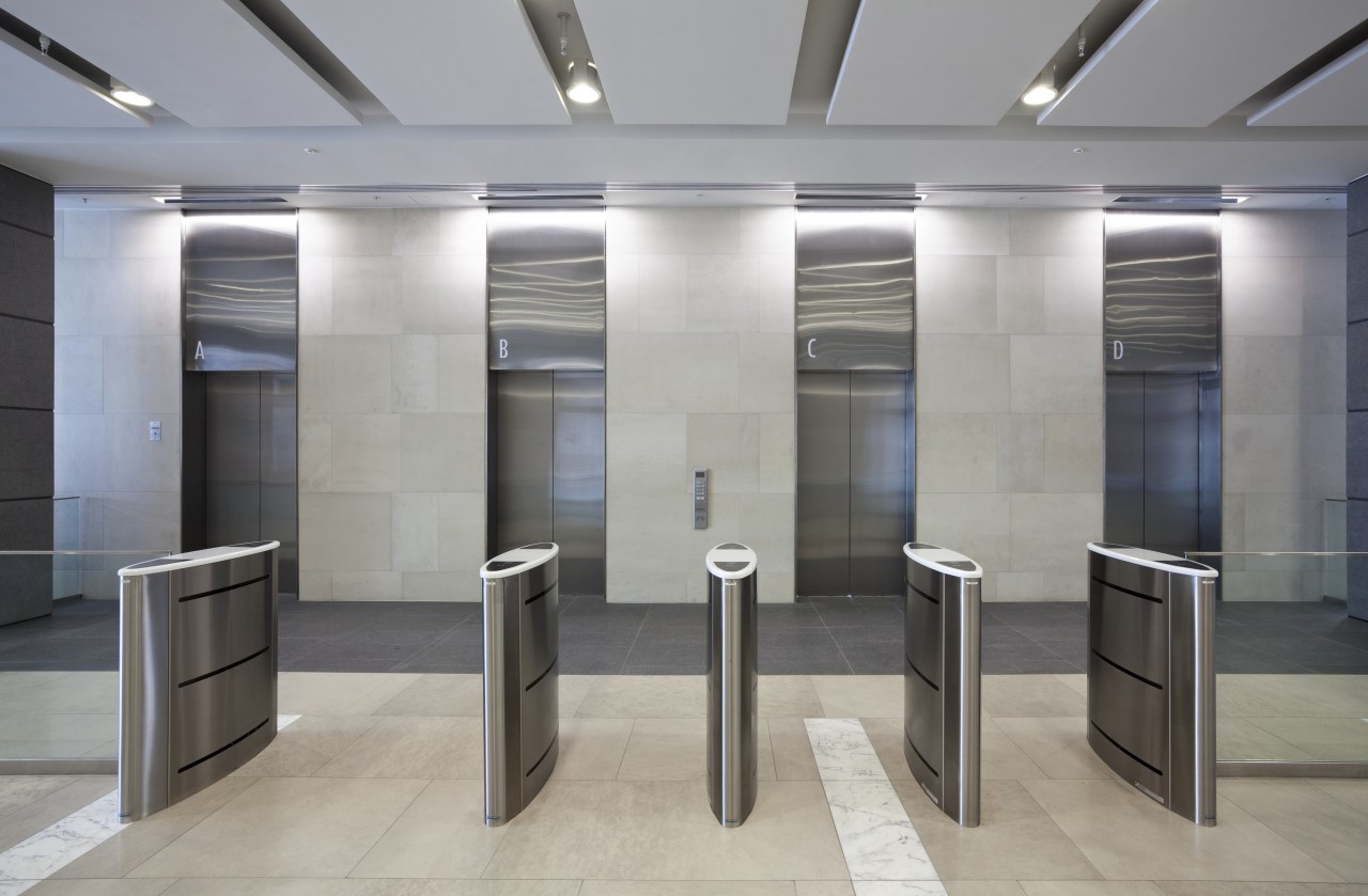 View of security systems in the NZI centre. floor, interior design, lobby, gray