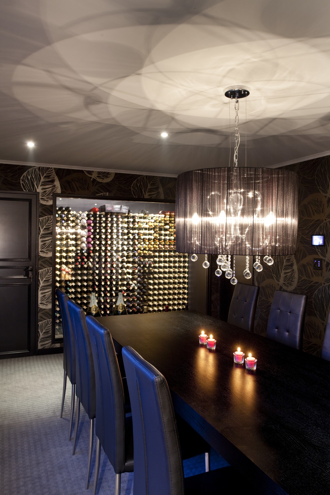 Kitchen designed by Leonie Von Sturmer of Von ceiling, dining room, home, interior design, light fixture, lighting, restaurant, room, table, wall, black