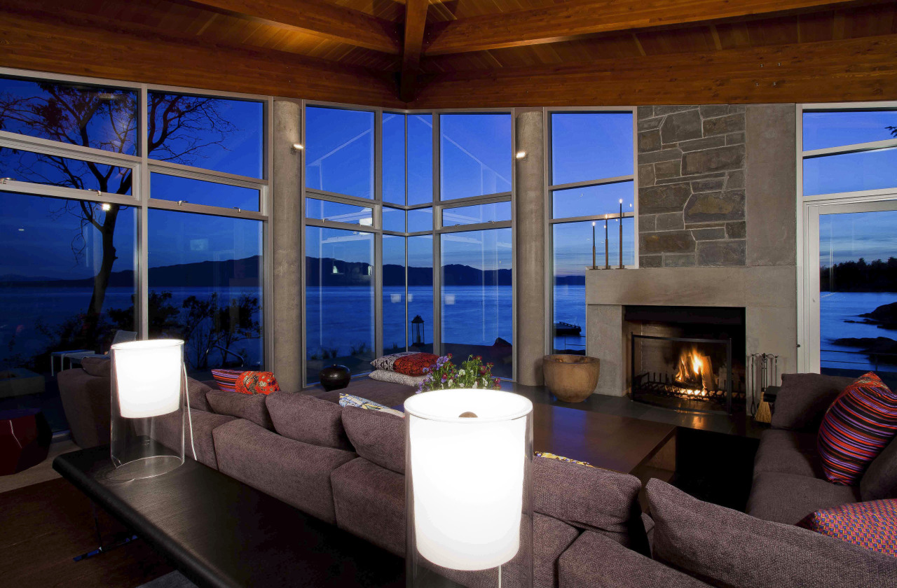 View of lounge area with water views. architecture, home, house, interior design, living room, real estate, room, window