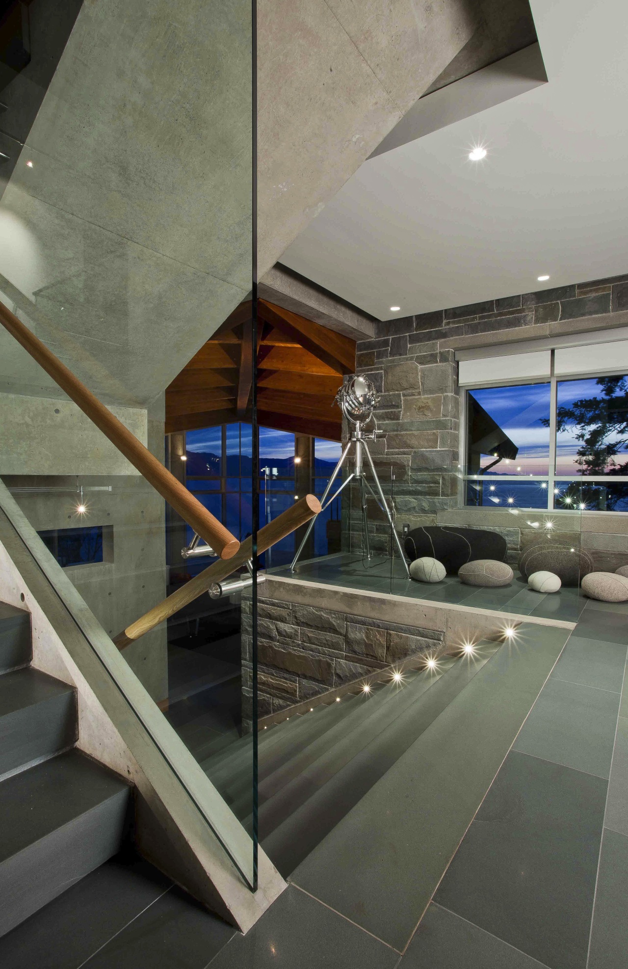 Interior view of contemporary home. architecture, daylighting, glass, handrail, house, interior design, stairs, gray, black