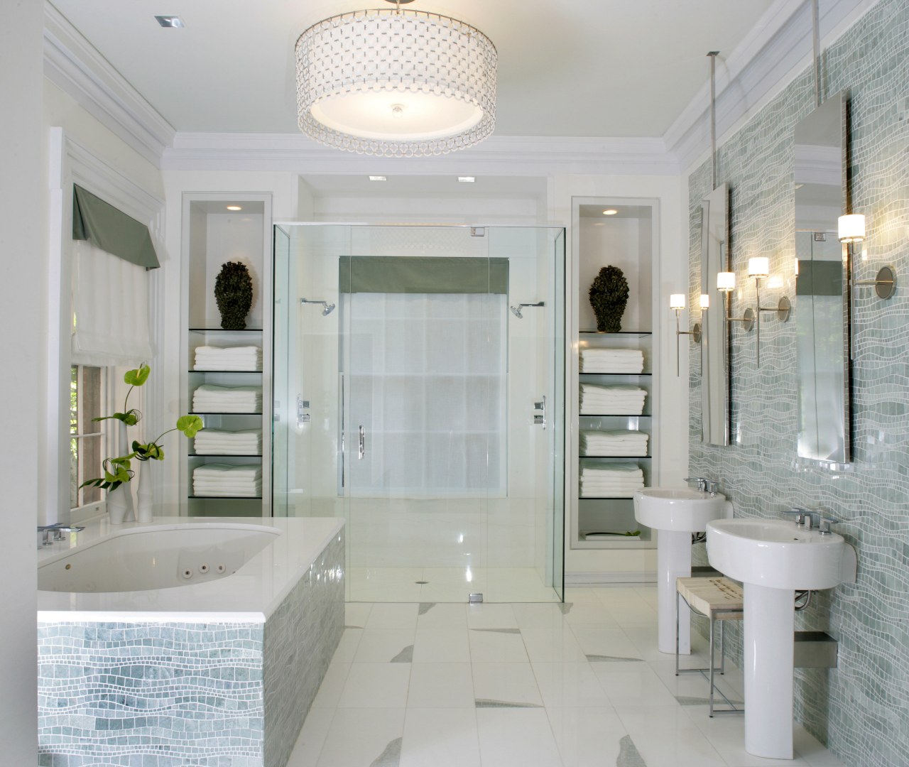 This bathroom, designed by Jamie Drake of Drake bathroom, ceiling, floor, home, interior design, plumbing fixture, room, tile, gray