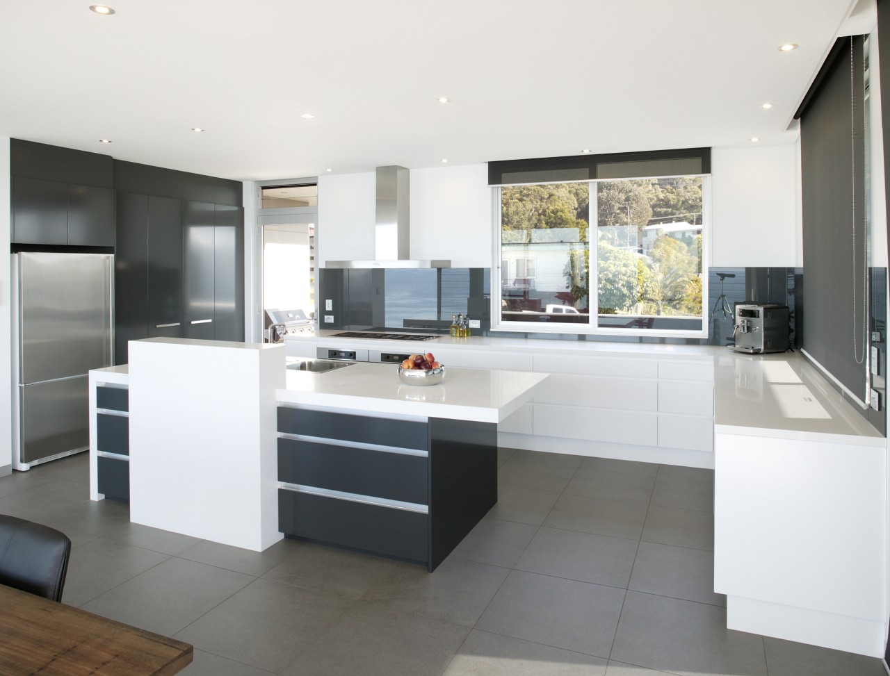 View of kitchen and dining area  designed cabinetry, countertop, cuisine classique, floor, interior design, kitchen, real estate, white, gray