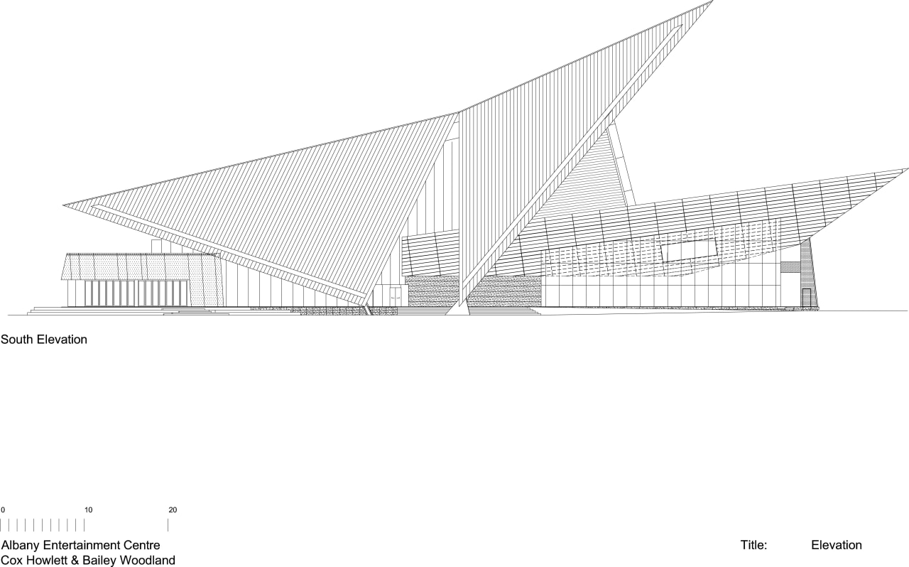 View of the interior/exterior/floor-plan of the Albany Entertainment angle, architecture, area, black and white, design, diagram, elevation, line, naval architecture, product design, roof, shed, structure, triangle, white