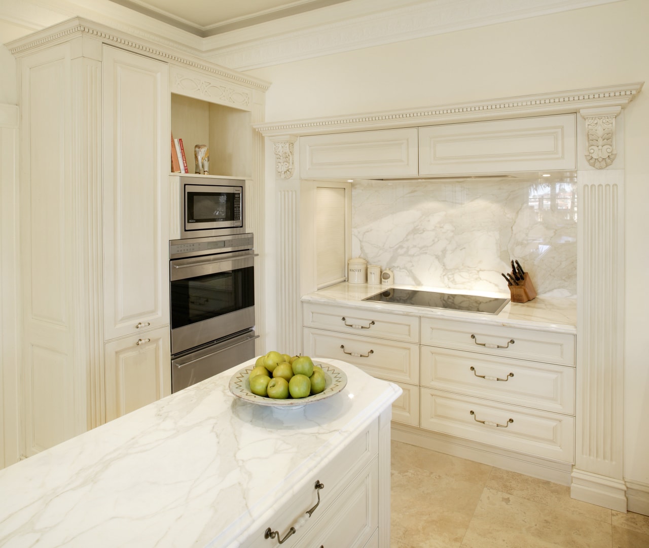 View of kitchen with cream and white colour cabinetry, countertop, cuisine classique, floor, home appliance, interior design, kitchen, room, orange