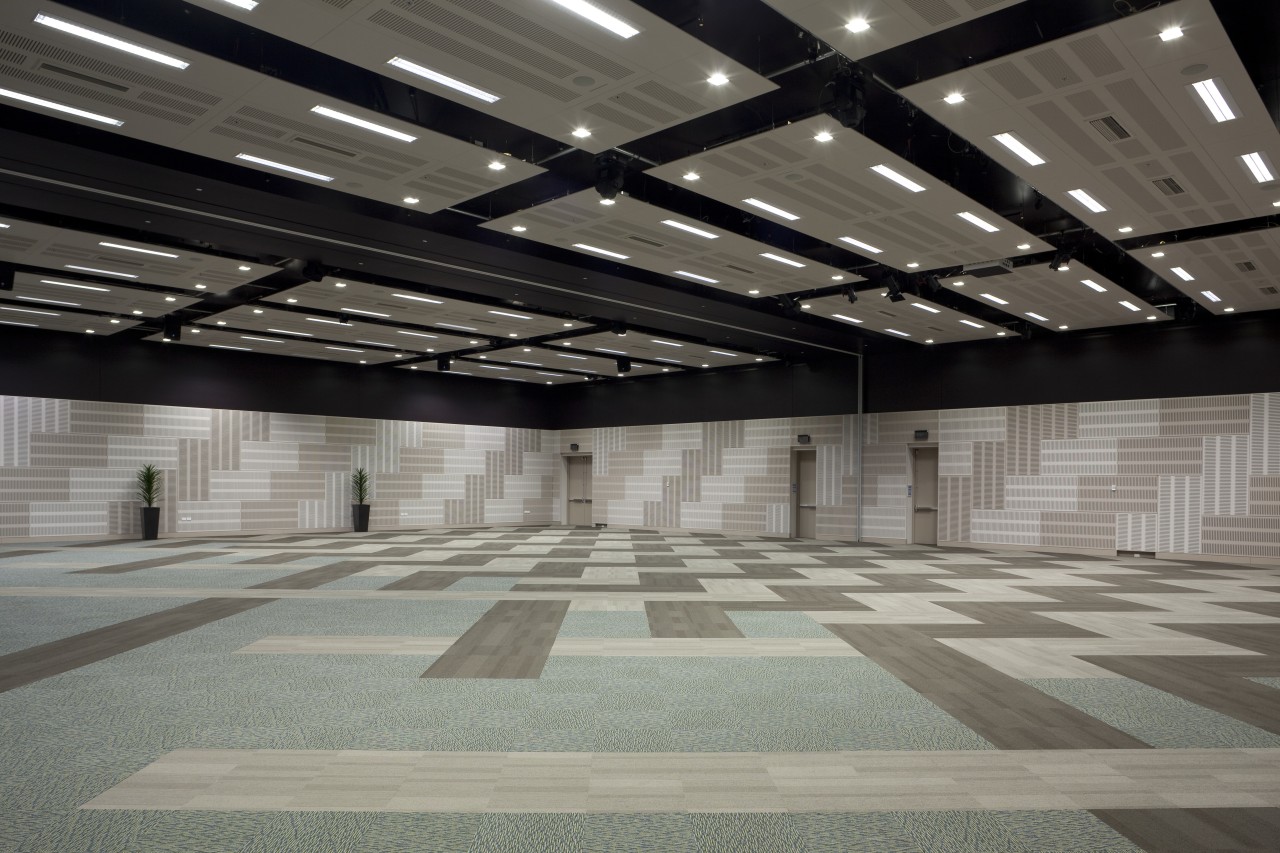 Large room in Claudlands Arena, Hamilton. architecture, ceiling, daylighting, floor, infrastructure, line, structure, gray, black