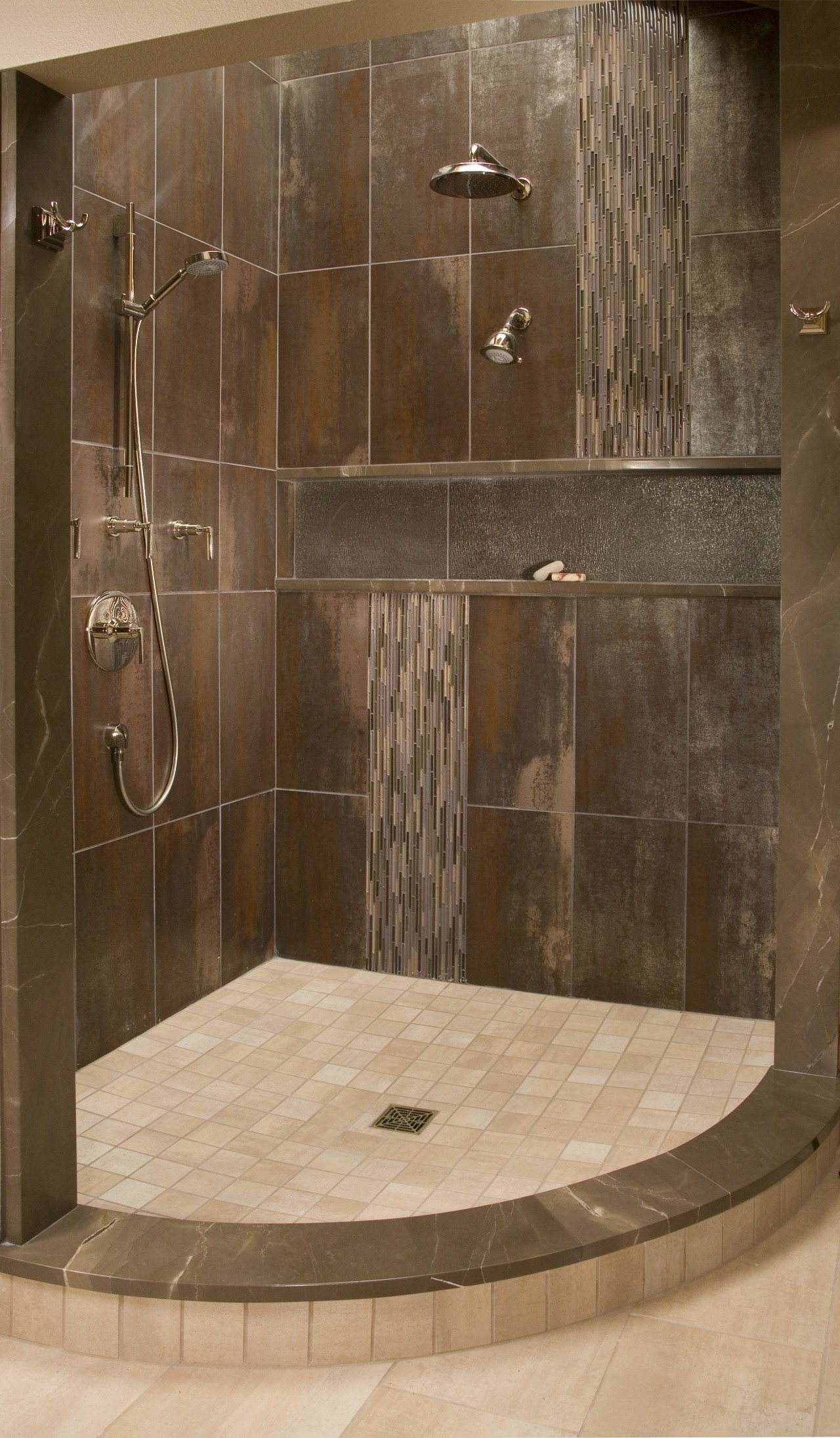 View of bathroom with brown wall tiles and bathroom, floor, flooring, plumbing fixture, shower, tile, wood, brown