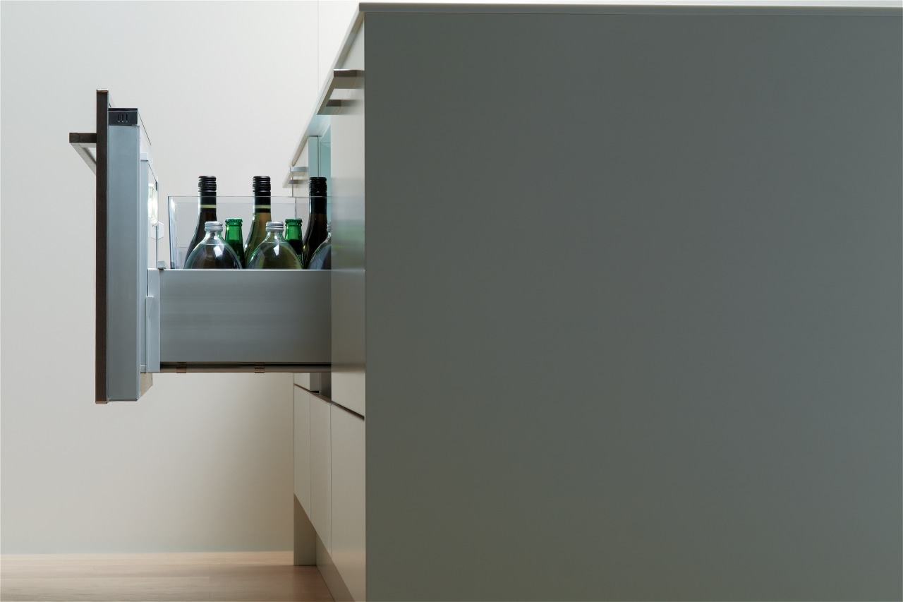 View of the Fisher &amp; Paykal CoolDrawer fridge/freezer. furniture, product design, shelf, shelving, gray