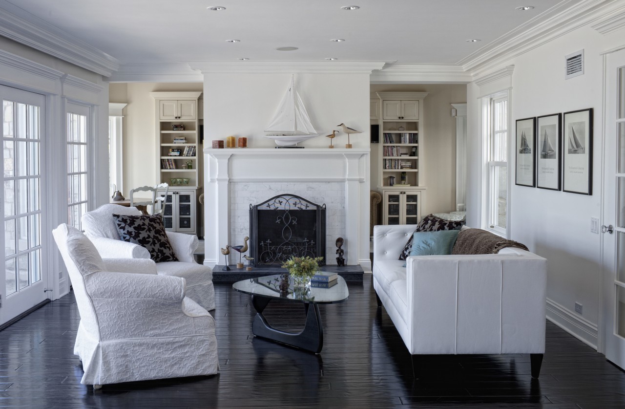 View of living area in 1950's remodelled lakefront ceiling, floor, flooring, home, interior design, living room, room, gray