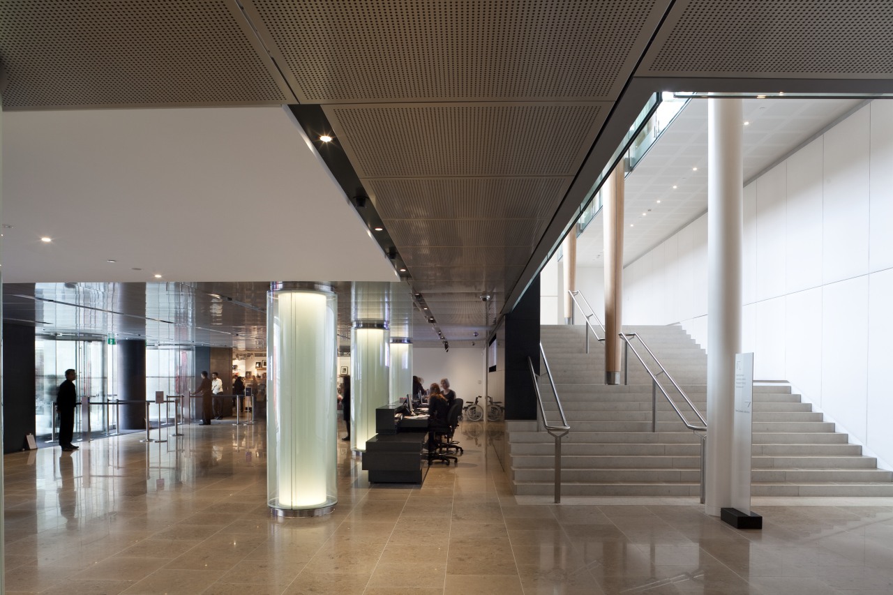 Here is a view of the Auckland Art architecture, building, ceiling, daylighting, glass, interior design, lobby, museum, tourist attraction, gray