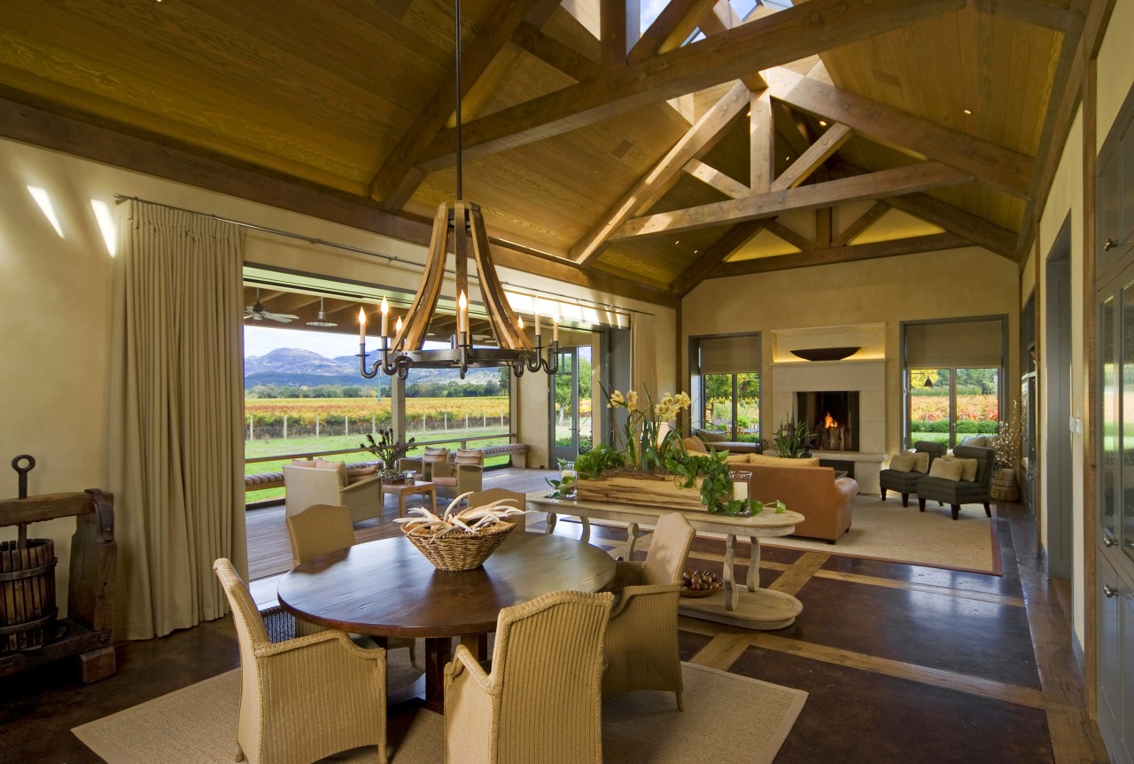 View of kitchen, great room and wine cellar. dining room, estate, interior design, living room, real estate, resort, brown