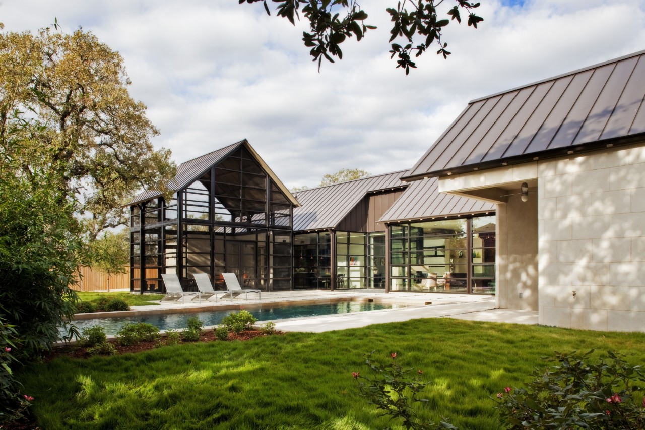 exterior from lawn looking at ouse and glass architecture, cottage, estate, farmhouse, home, house, property, real estate, brown