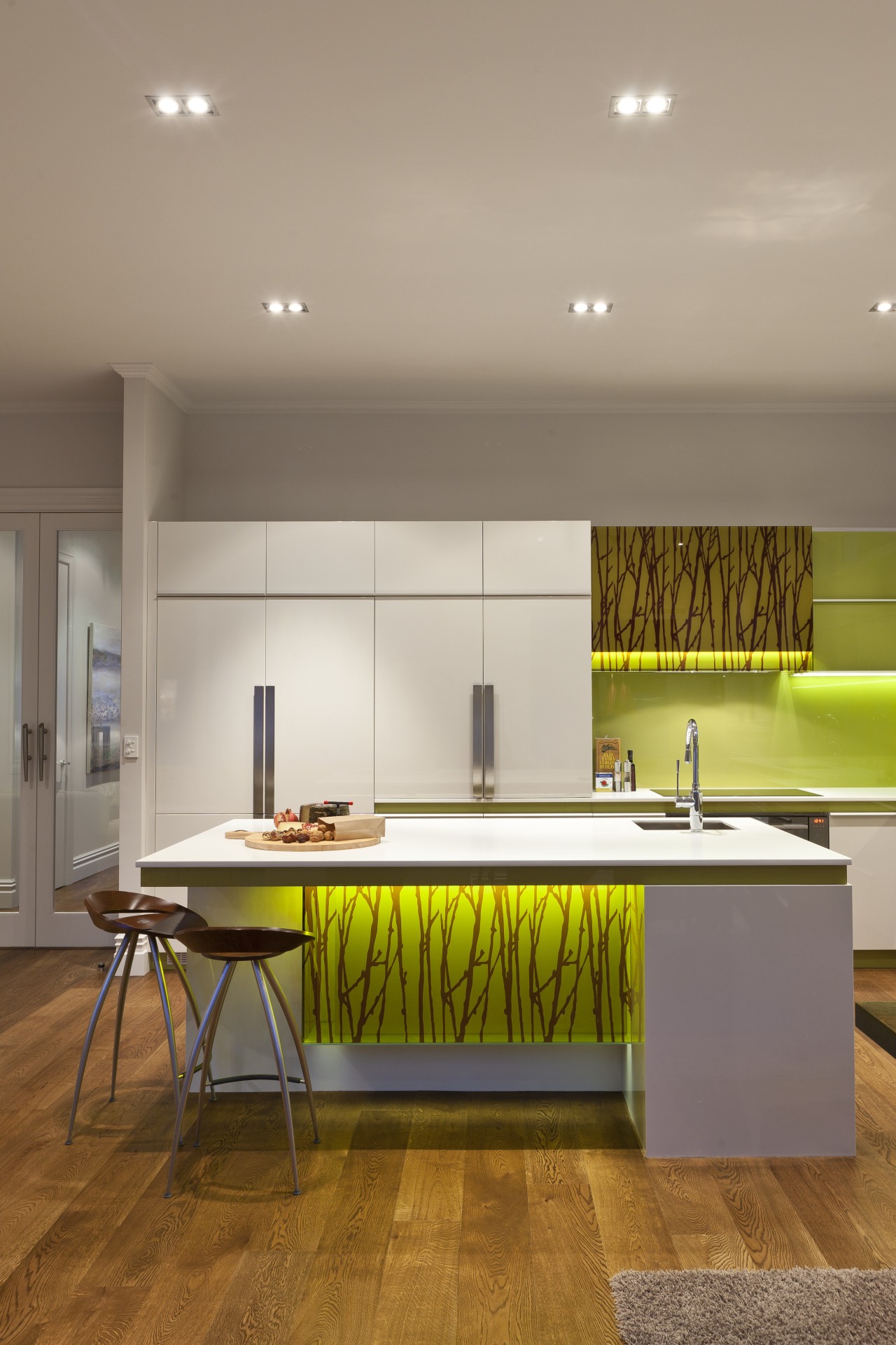 View of contemporary kitchen with wooden flooring and architecture, ceiling, countertop, floor, flooring, house, interior design, kitchen, real estate, room, table, wood flooring, gray, brown