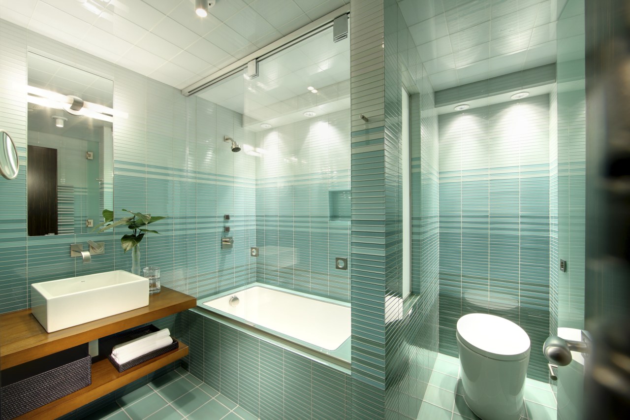 This home's interior was designed by James Laney bathroom, glass, interior design, room, tile, green