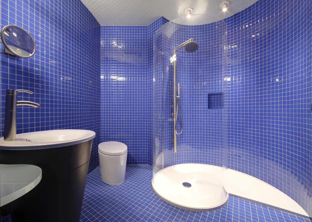 This home's interior was designed by James Laney bathroom, blue, ceiling, interior design, lighting, property, public toilet, purple, room, tile, toilet, wall, blue