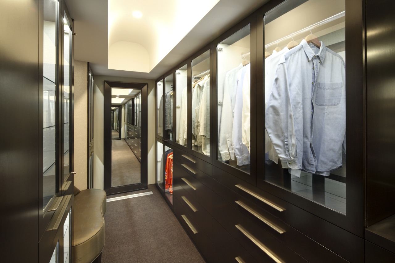 View of contempoary walk in wardrobe with dark boutique, furniture, interior design, lobby, black