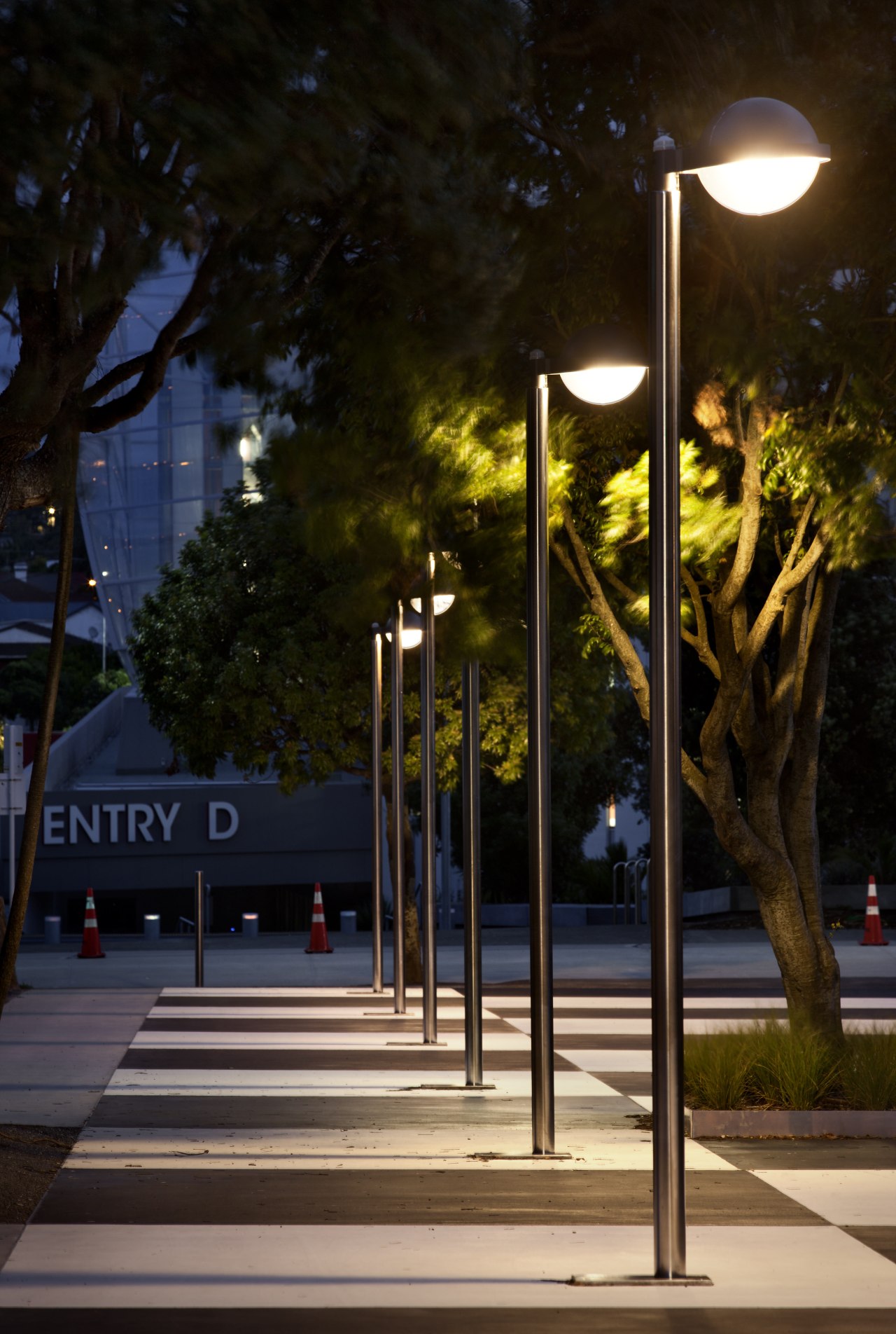 Here is a view of LED, energy-efficient street evening, landscape lighting, light, lighting, night, street light, tree, black
