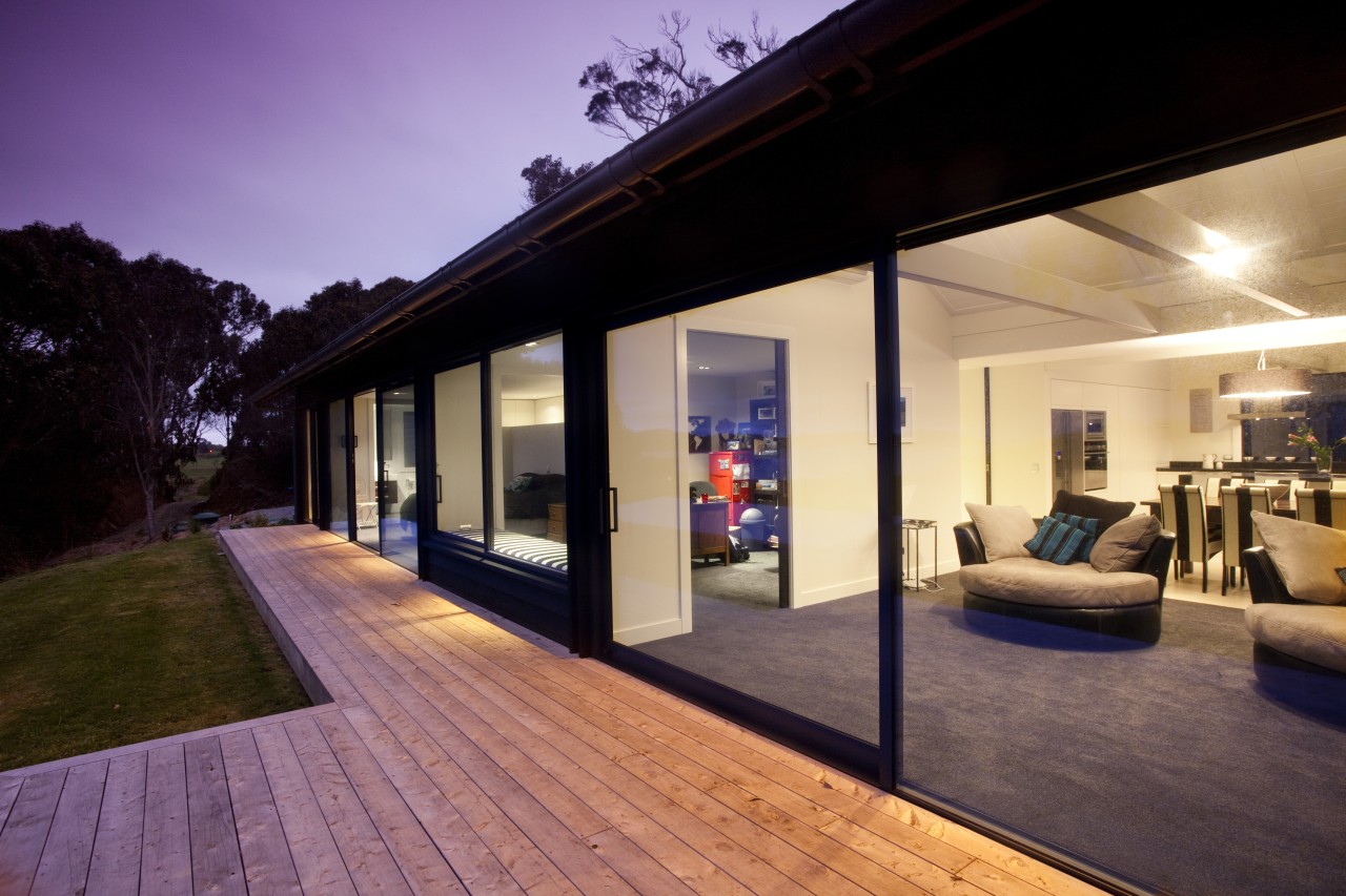 View from deck area in to lounge. architecture, estate, home, house, interior design, lighting, property, real estate, window, black